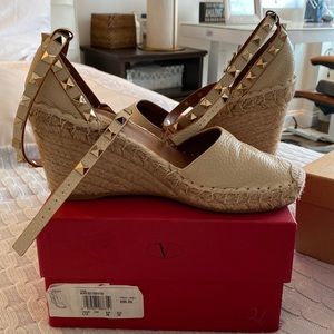 Valentino rock stud espadrilles nude wedge with ankle wrap around